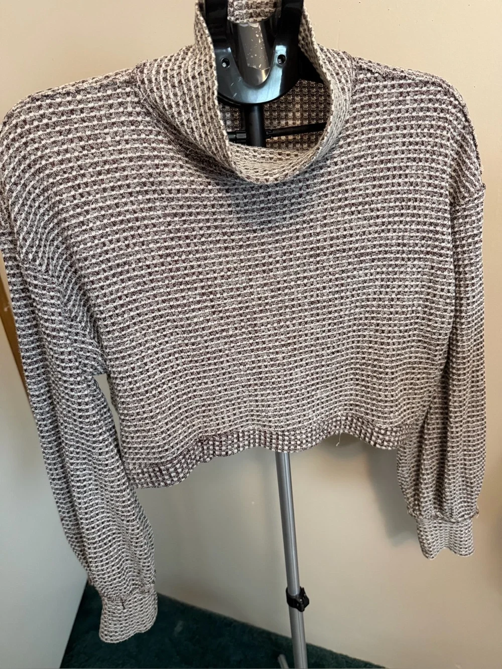 Free People BK Waffle Knit Cropped Turtleneck Sweater Wine Combo